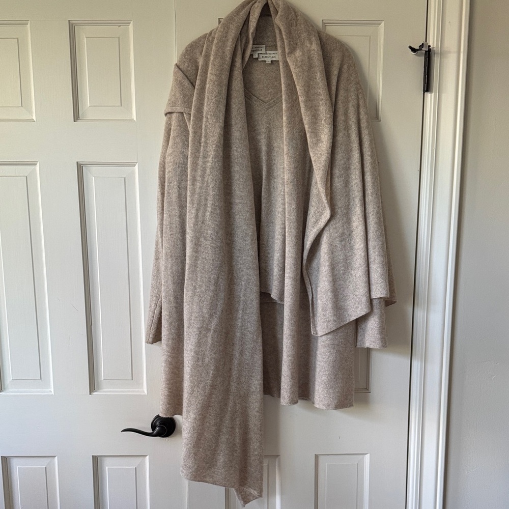 White + Warren Beige Cashmere Cardigan, V-Neck, and Scarf Sweater Set